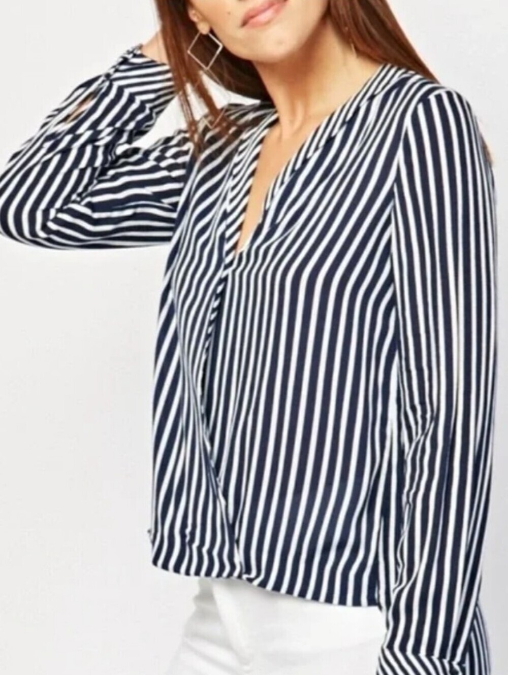 Trf Collection ZARA Wrap Crossover Striped Long Sleeve Top Navy White Crinkle M